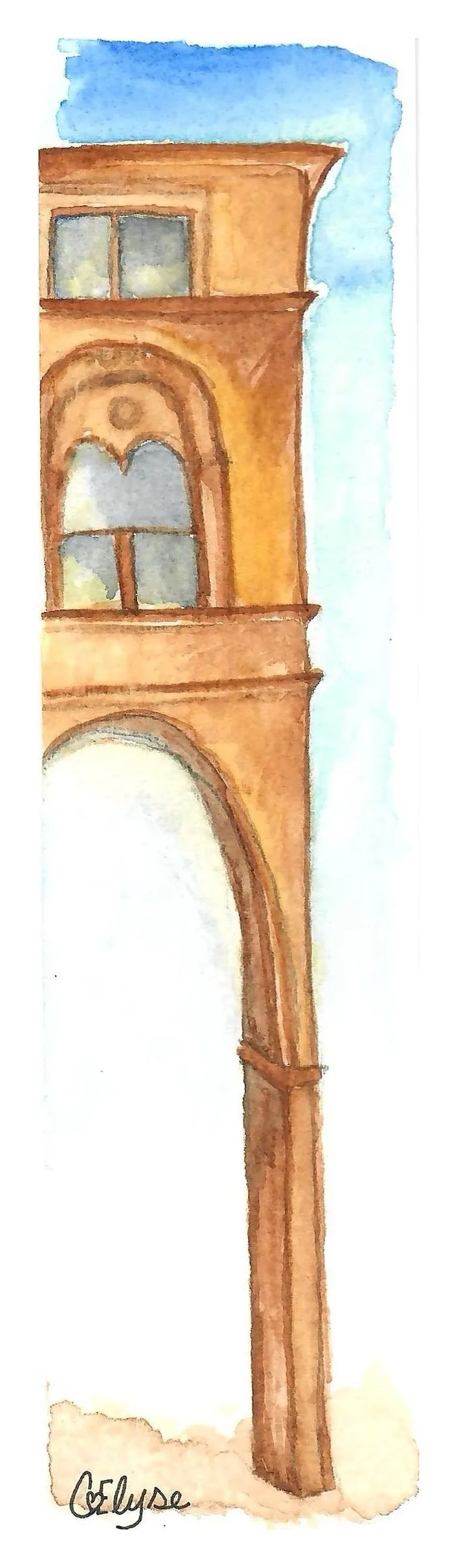 A tall, narrow painting of an ochre building with an arched window above a stone arch, against a pale blue sky.