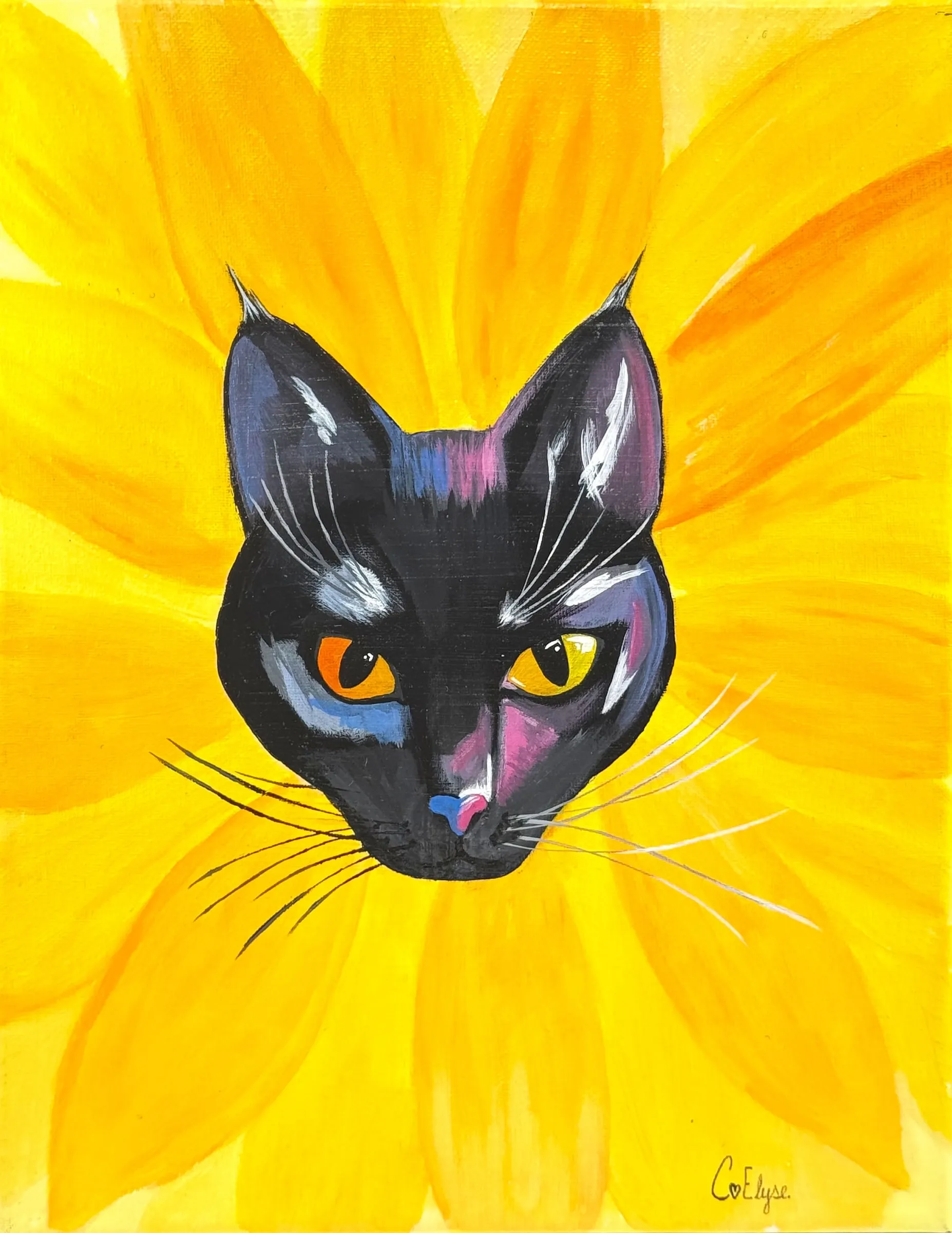 A black cat with amber eyes set in the center of a bright yellow sunflower.