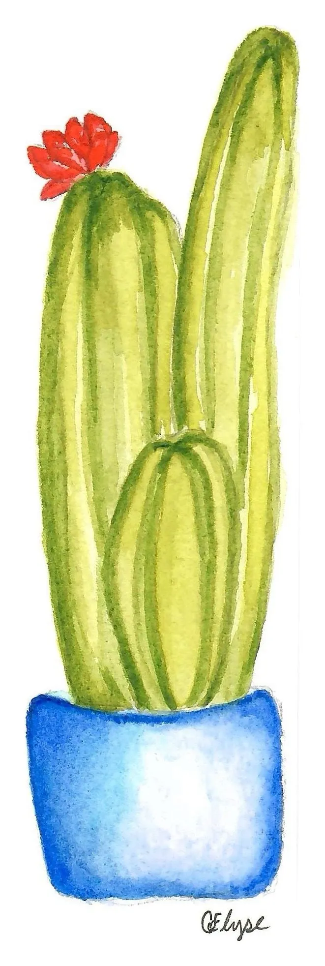 A tall, narrow painting of a green cactus with a single red flower in a blue pot.