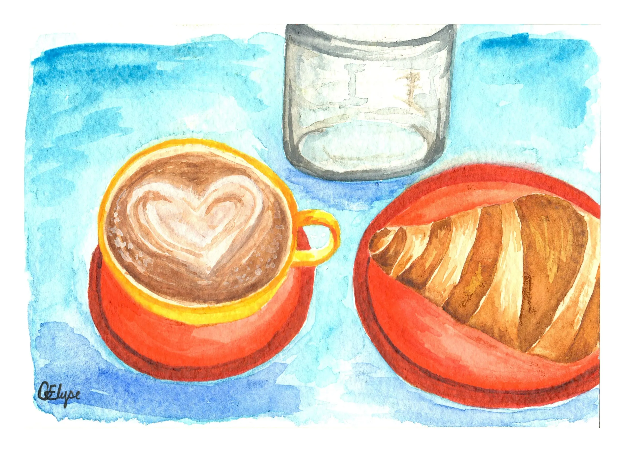 A top-down view of a cappuccino with heart latte art in a red cup, a croissant on a red plate and a glass of water, on a blue background.