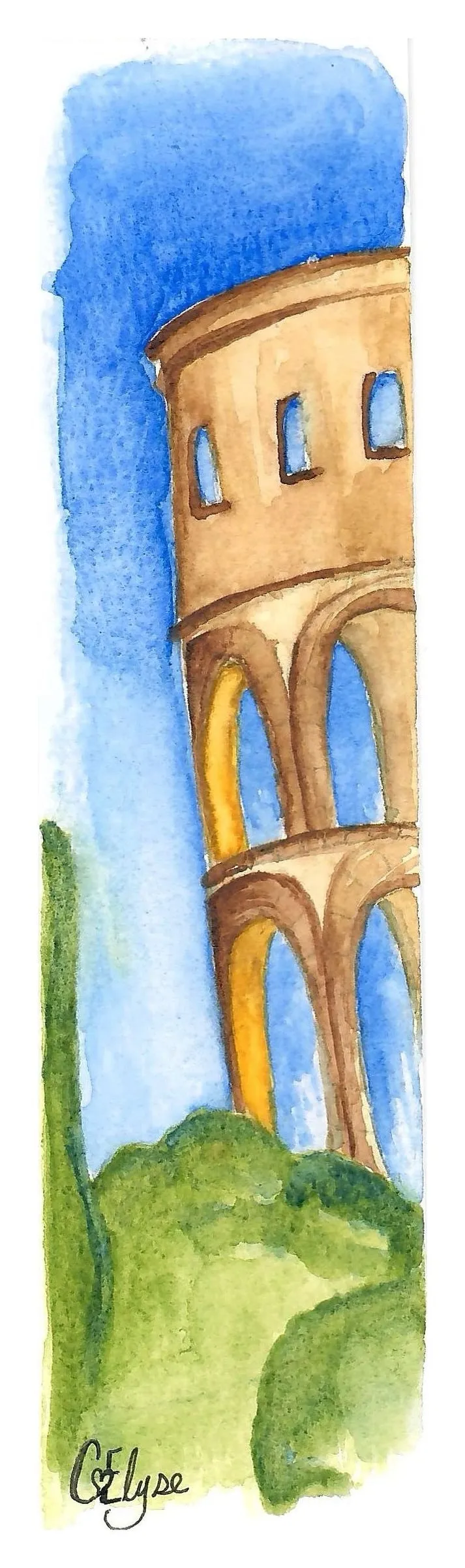 A tall, narrow painting of arched stone tiers against a deep blue sky, with green trees below.