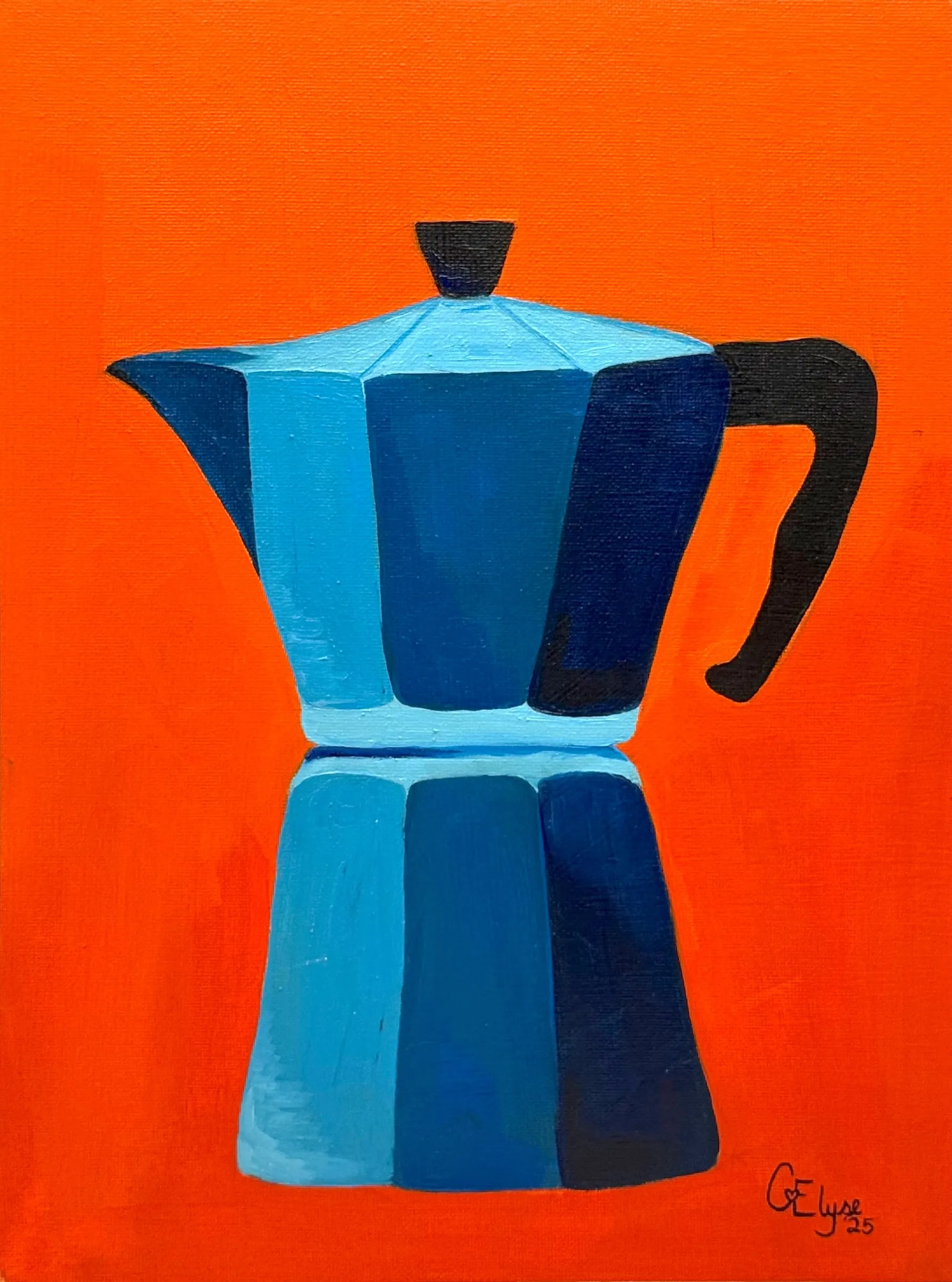 A blue stovetop moka pot painted in flat blocks of light and dark blue against a bright orange background.
