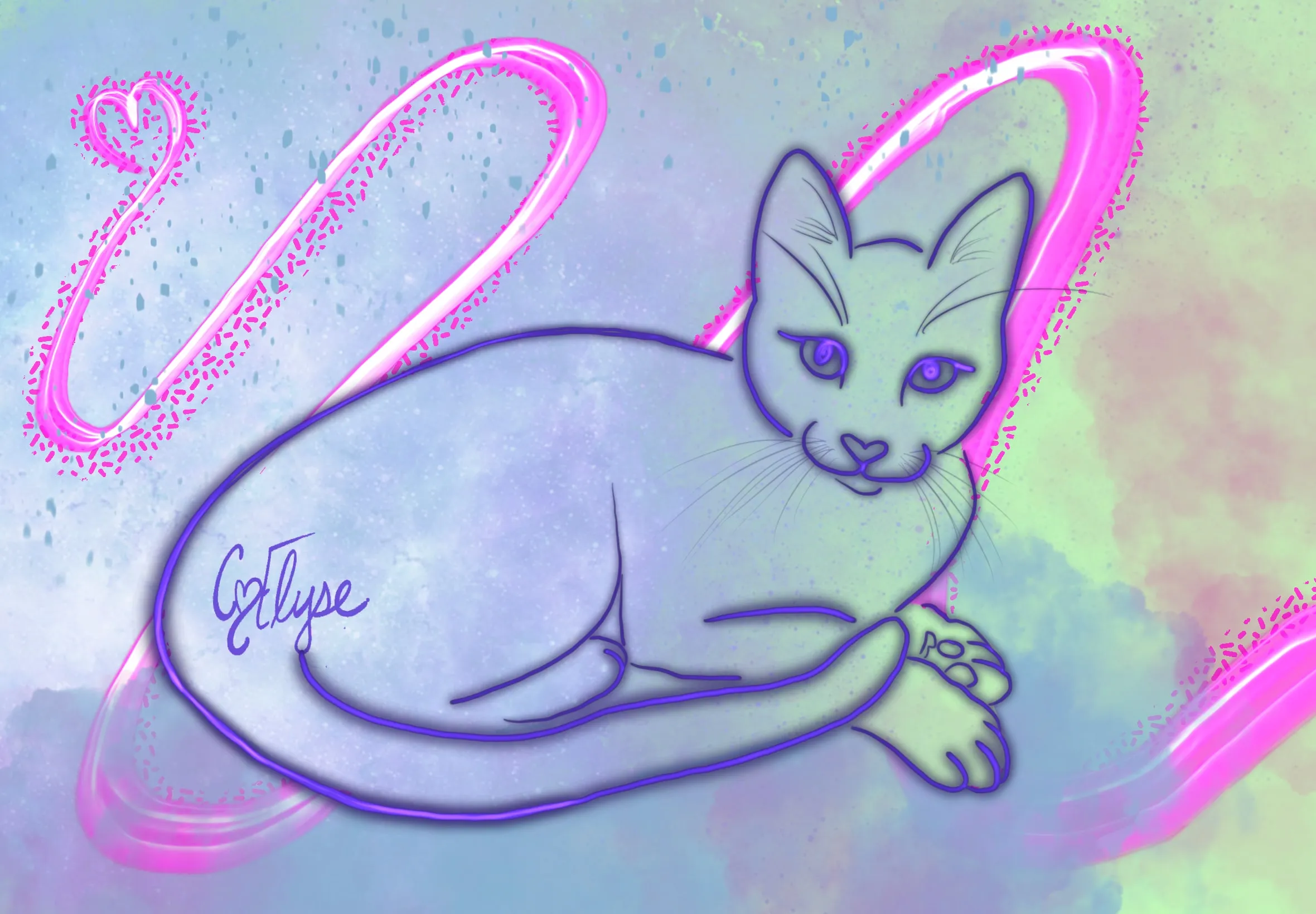 A lavender line drawing of a cat lying down, wrapped in a looping pink ribbon with a heart, over a soft pastel wash.