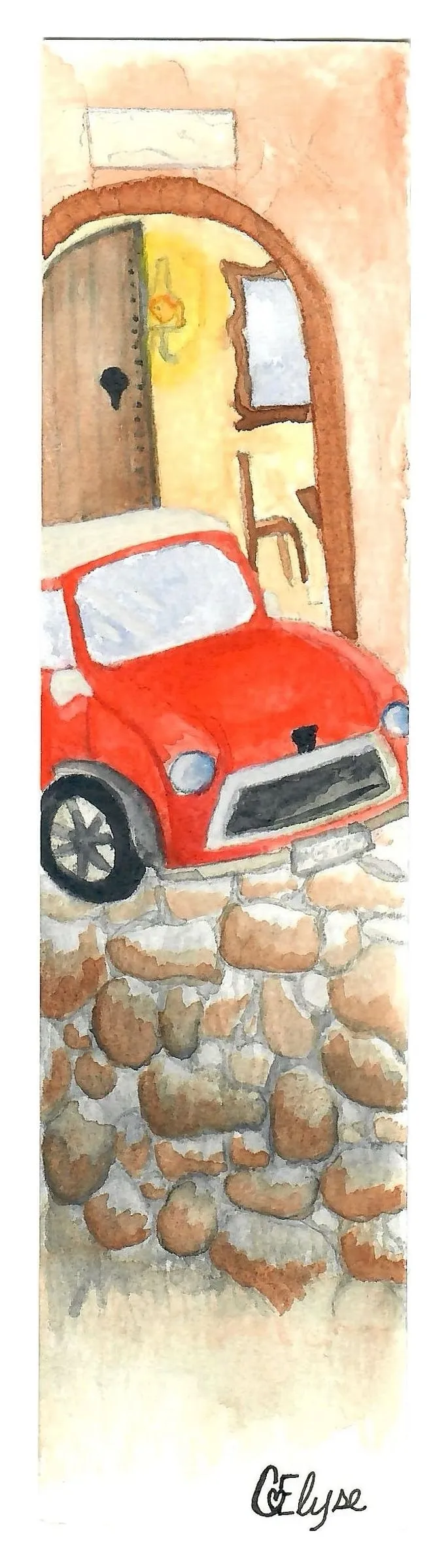 A tall, narrow painting of a small red car on a cobblestone lane beneath a stone archway.