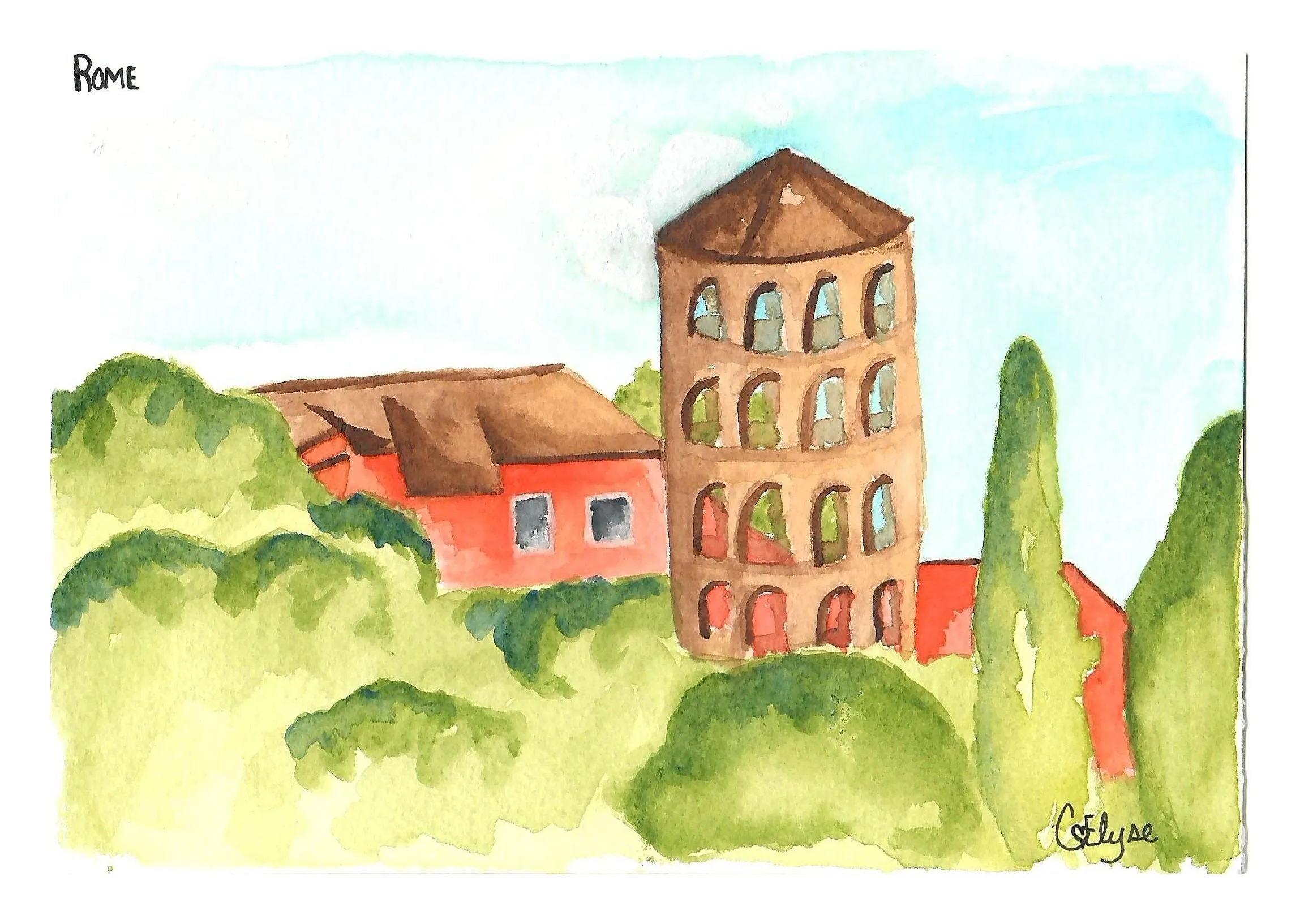 A terracotta tower with rows of windows rising above red-roofed buildings and green trees.