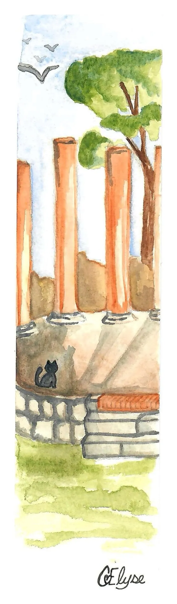 A tall, narrow painting of ancient columns beneath a pine tree, with a small black cat sitting among the stones.