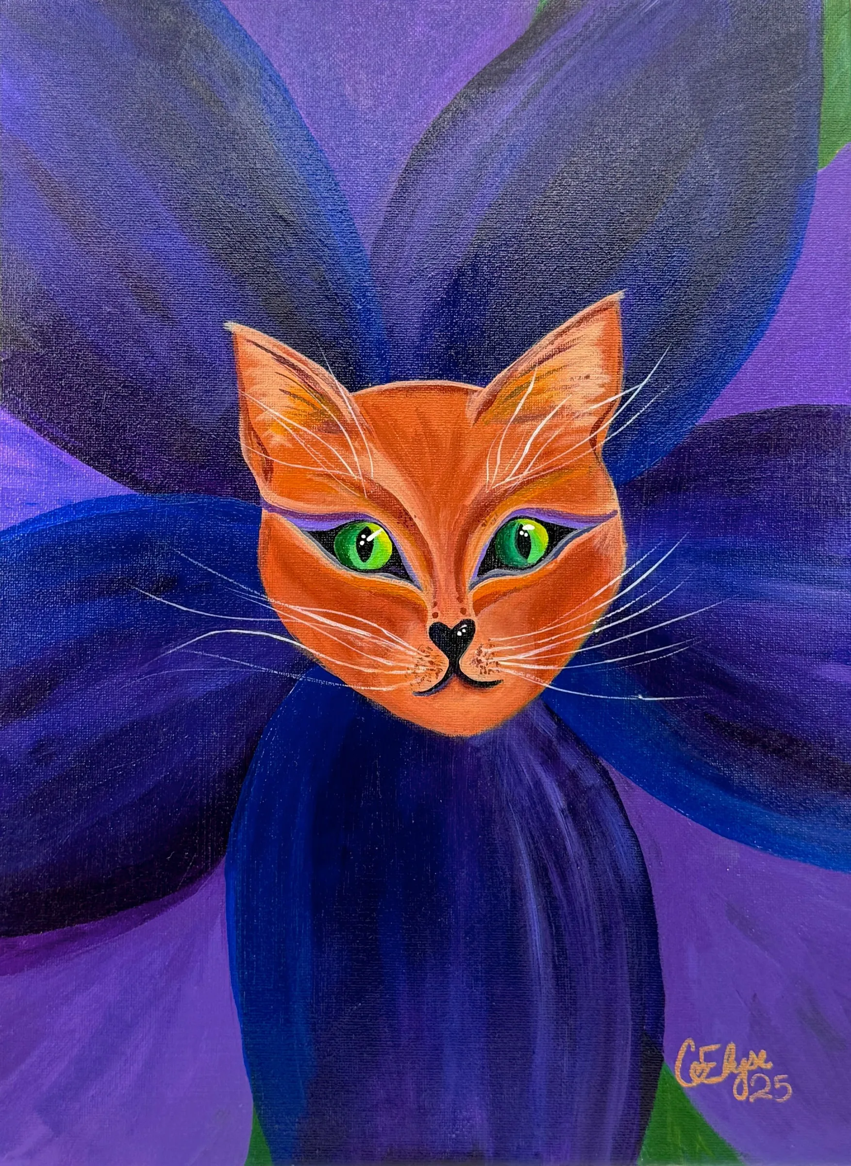 An orange cat with green eyes peering out from the center of a large deep-purple flower.