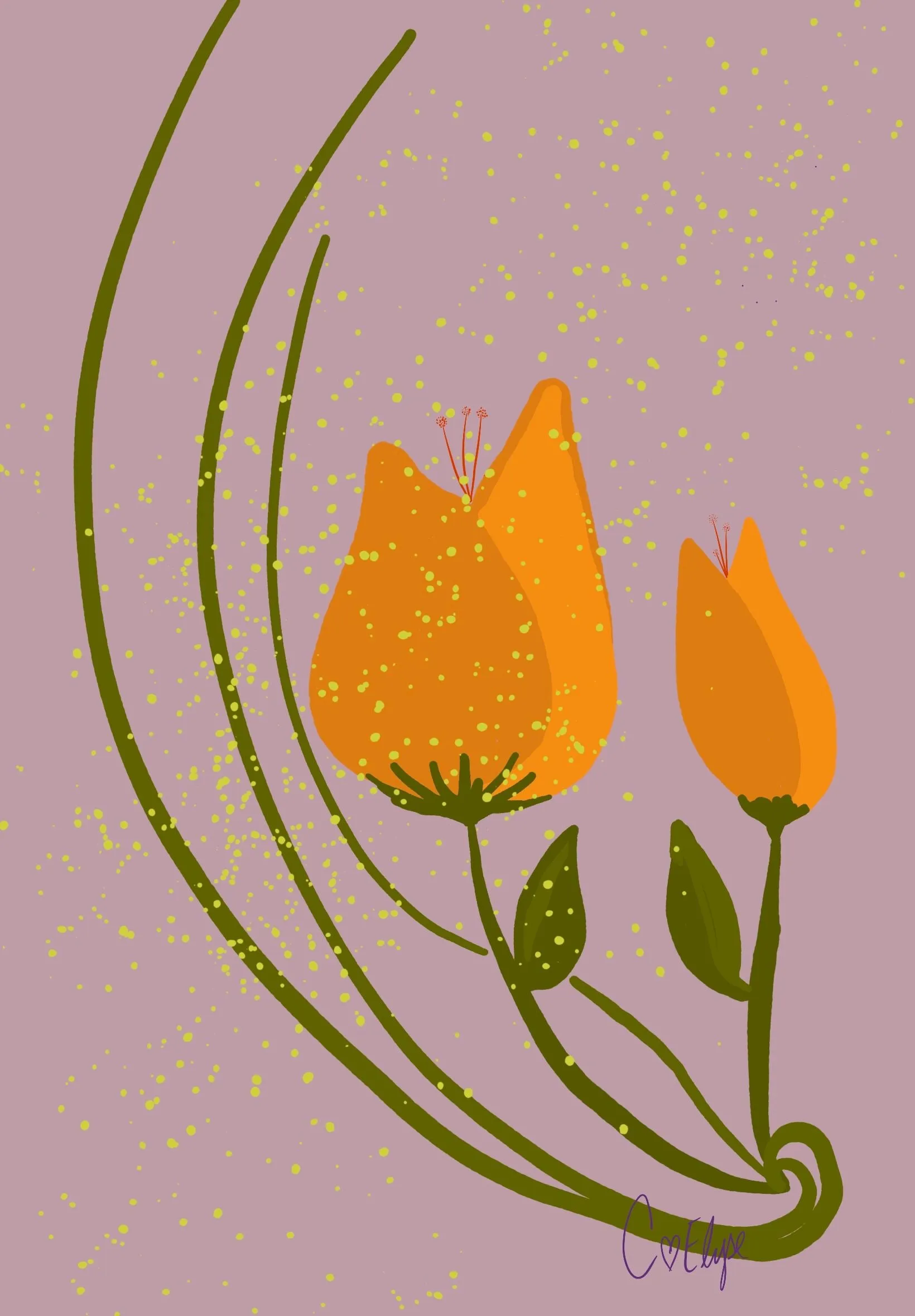 Two orange tulips on curving olive stems against a dusty pink background scattered with gold flecks.